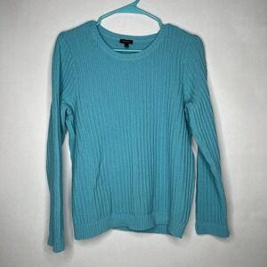 Talbots Cotton Teal Blue Cable Knit Crew Neck Sweater Size Large Buttons Cropped